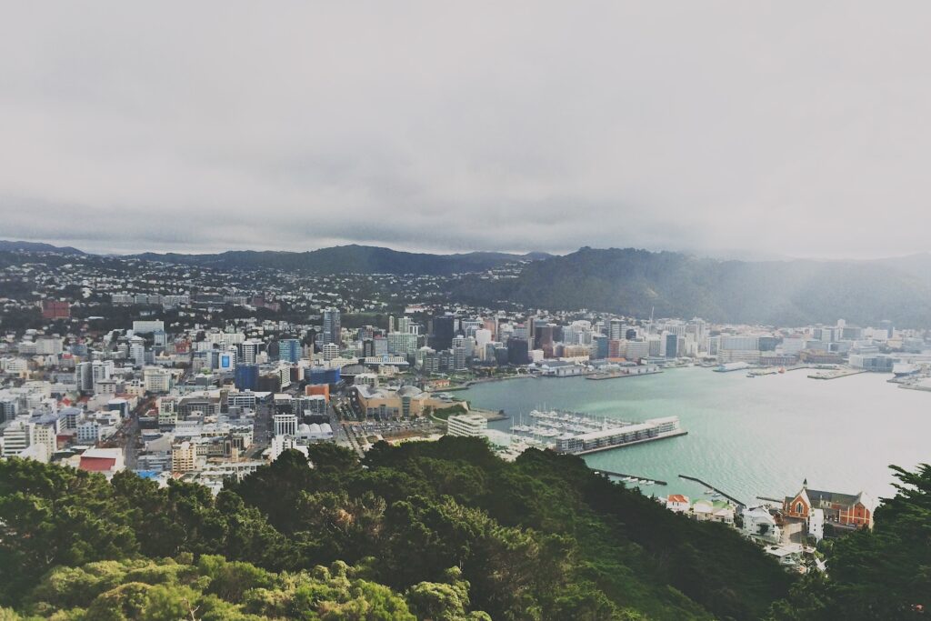 Wellington von oben fotografiert. Zu sehen ist die Küste mit der Stadt