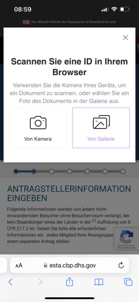 Screenshot vom Esta-Antrag bei dem Schritt, bei dem an seinen Reisepass hochladen soll. 