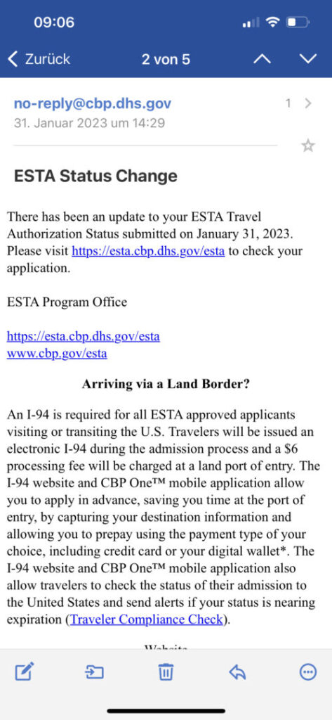Screenshot aus dem Mailprogramm, wenn der Esta-Antrag geprüft wurde und eine Entscheidung feststeht. 