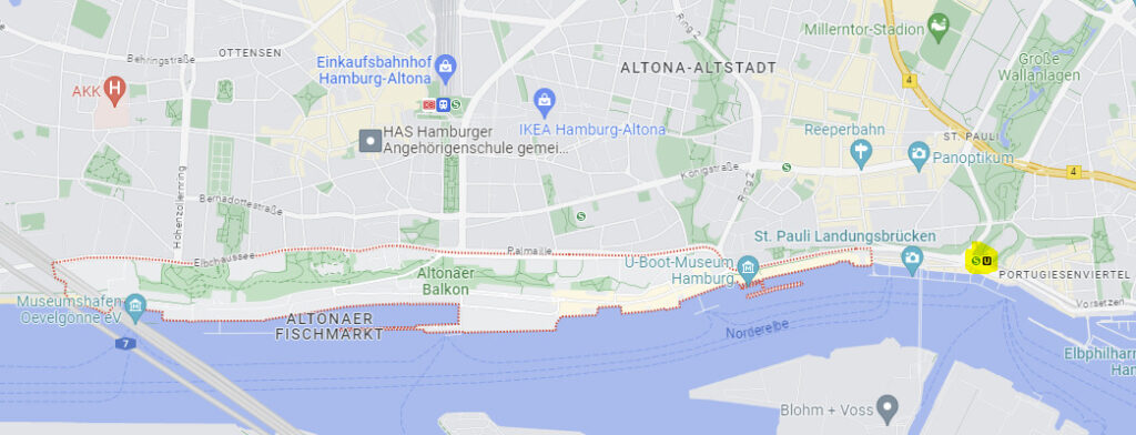 Google Maps Ausschnitt vom Fischmarkt in Hamburg. Die S-Bahn Landungsbrücken ist gelb markiert. 