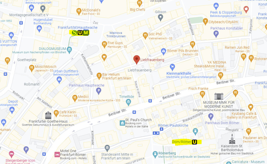 Eine Karte von Google Maps vom Blumnmarkt in Frankfurt am Liebfrauenberg
