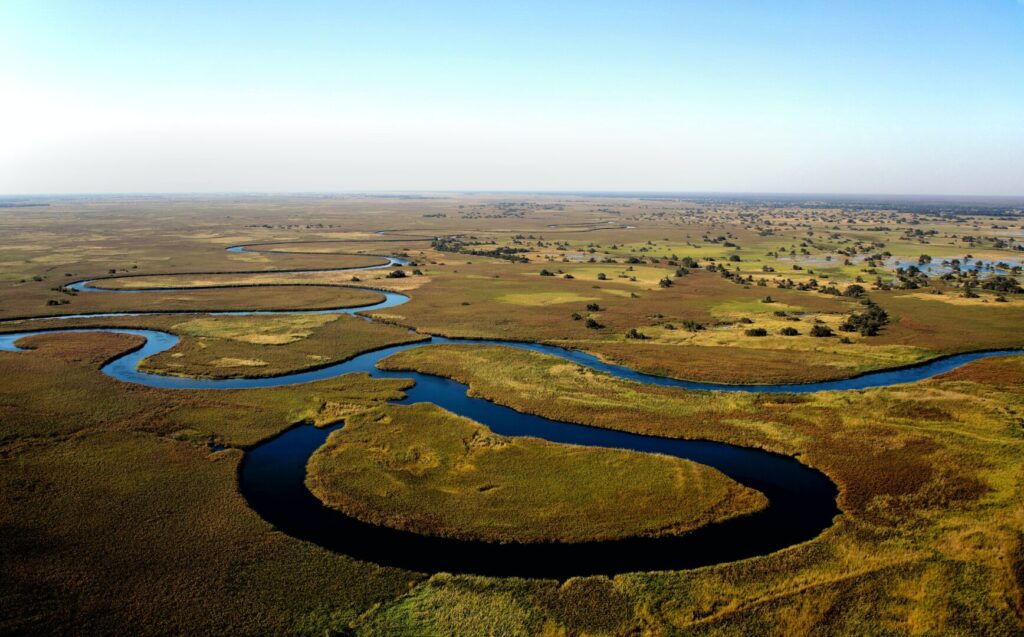 Okavango Delta in Botswana von oben fotografiert im Frühling 